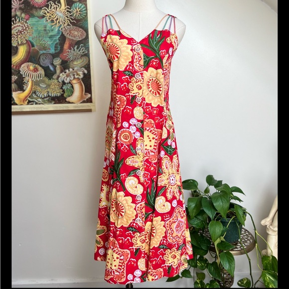 Vintage Dresses & Skirts - 90’s Spaghetti Strap Bold Floral Button Down Aline Vintage Dress Small